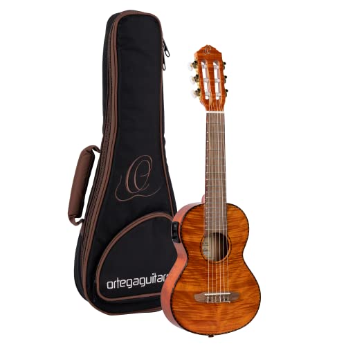 Ortega Guitars Guitarlele elektro-akustische Reisegitarre - Mini/Travel Series - 6 Saiten - inklusive Gigbag - flamed mahogany (RGLE18FMH)