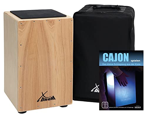 XDrum Cajon Primero Natur - Kistentrommel inkl. Rucksacktasche und Schule - Trommelkiste mit Snare Sound - Holz Drum Kiste mit Gigbag