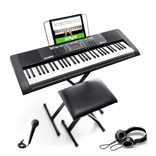 Alesis Melody 61 - Keyboard E-Piano für Anfänger mit Lautsprechern, Klavier Ständer, Hocker, Kopfhörern, Mikrofon, Notenablage, 300 Sounds & Musiklektionen