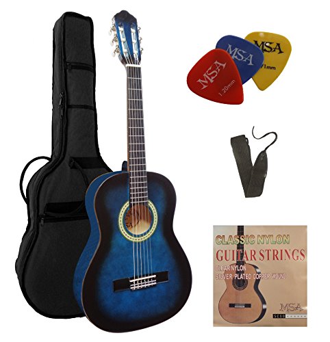 1/2 GITARRE - KONZERTGITARRE IM SET - KINDERGITARRE - CLASSIC - BLAU - SCHATTIERT - DECKE LINDENHOLZ - TASCHE - BAND - SAITEN - 3xPIK - J2